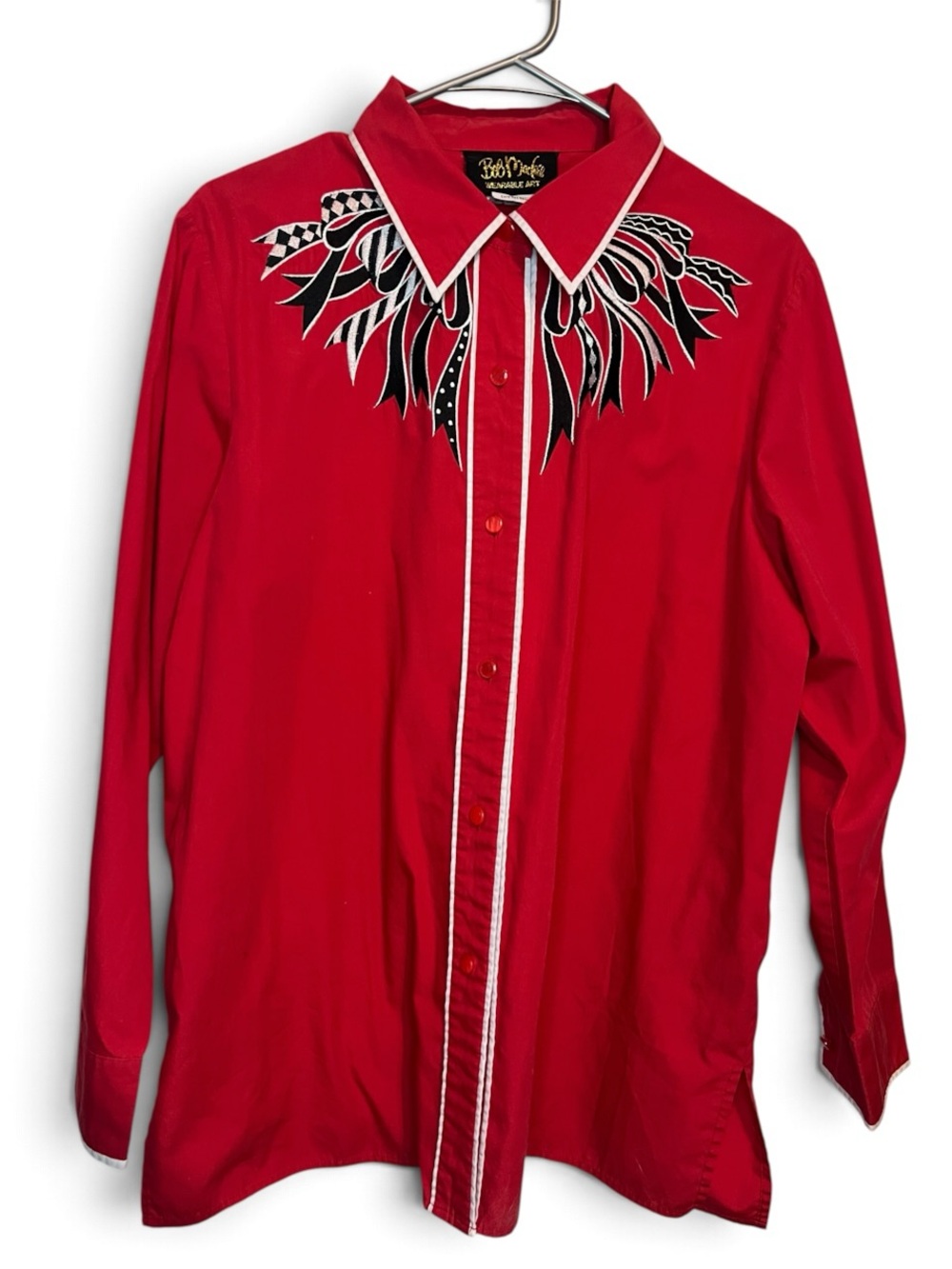 Bob Mackie Wearable Art Red Embroidered Button Down Shirt Large